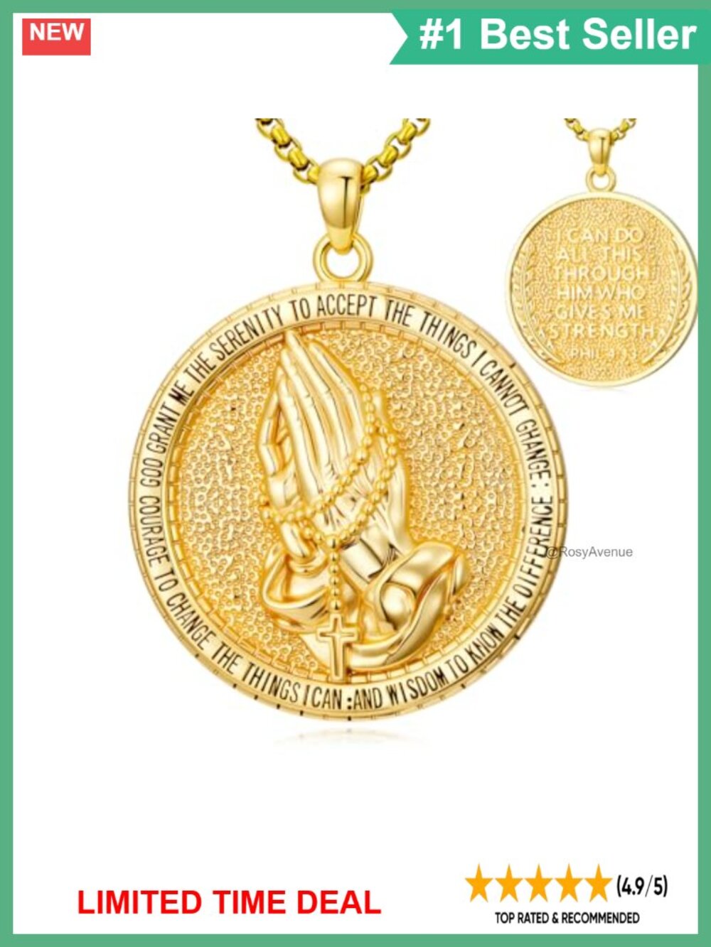 14K Gold Plated Praying Hands Medal Necklace Stainless Steel Chain Religious